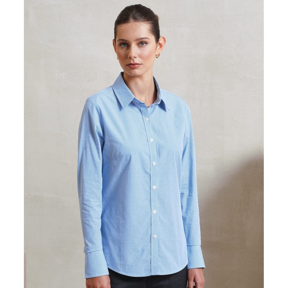 Premier Women's Microcheck (Gingham) Long Sleeve Cotton Shirt