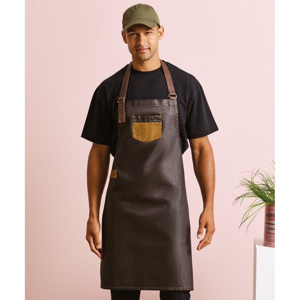 Premier Division Waxed-Look Denim Bib Apron with Faux Leather